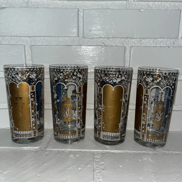 Vintage MCM 22 Karat Gold Rocks Glasses Blue Birdcage Set of 4 Georges Briard - Picture 2 of 14